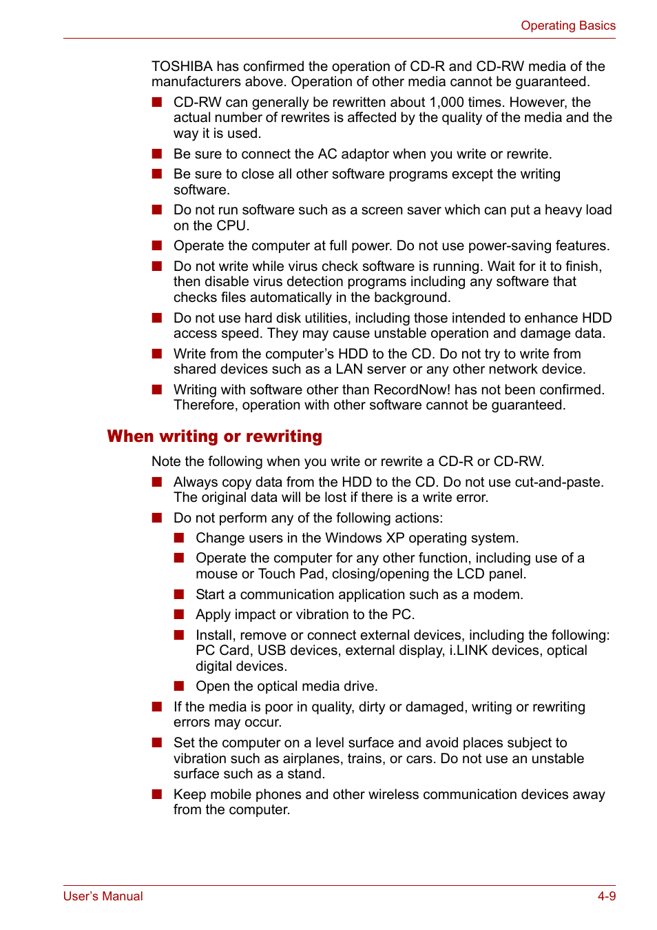 When writing or rewriting, When writing or rewriting -9 | Toshiba Satellite M40 (PSM40) User Manual | Page 82 / 201