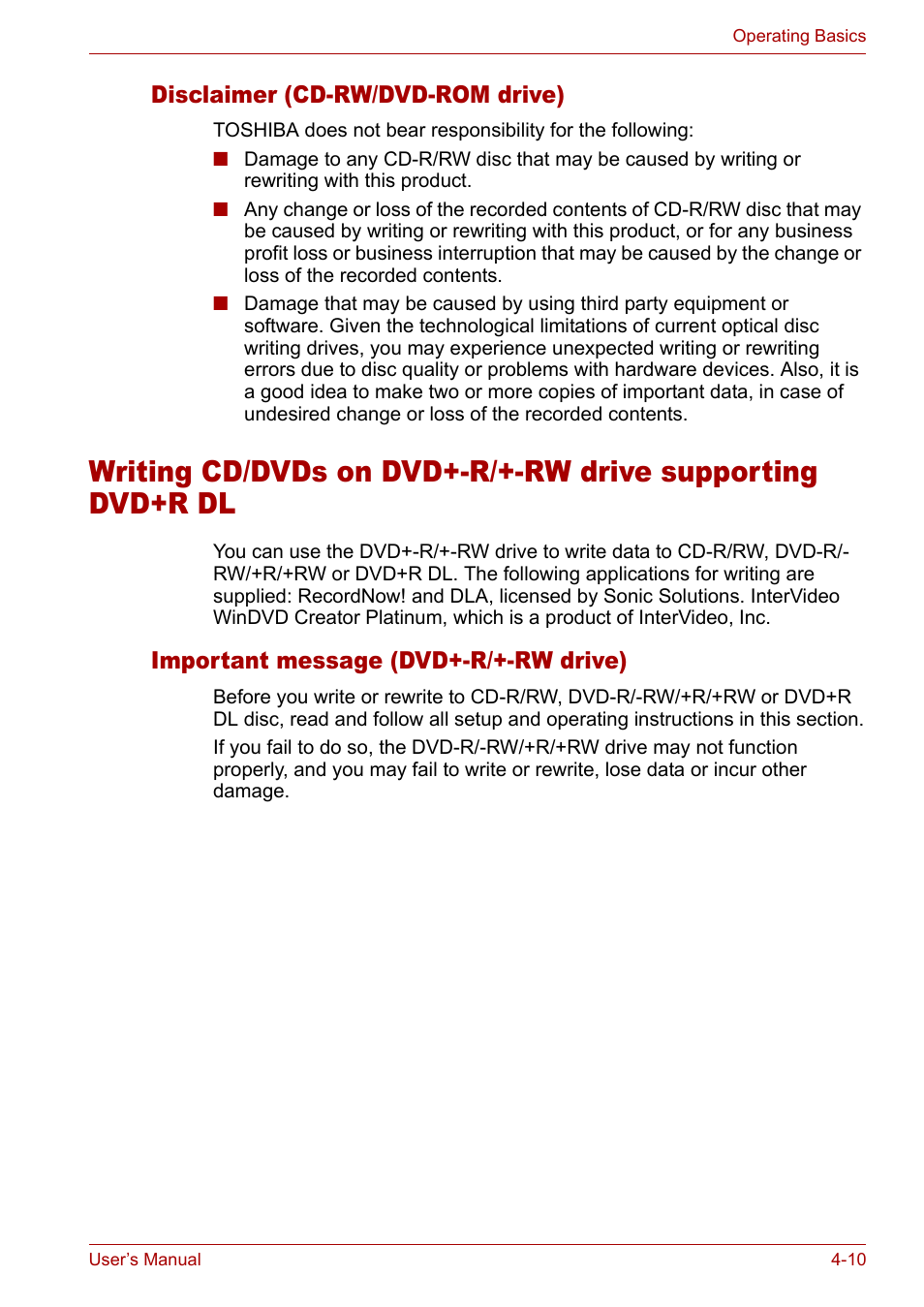 Important message (dvd+-r/+-rw drive), Disclaimer (cd-rw/dvd-rom drive), Disclaimer (cd-rw/dvd-rom drive) -10 | Important message (dvd+-r/+-rw drive) -10 | Toshiba Satellite M40 (PSM40) User Manual | Page 83 / 201