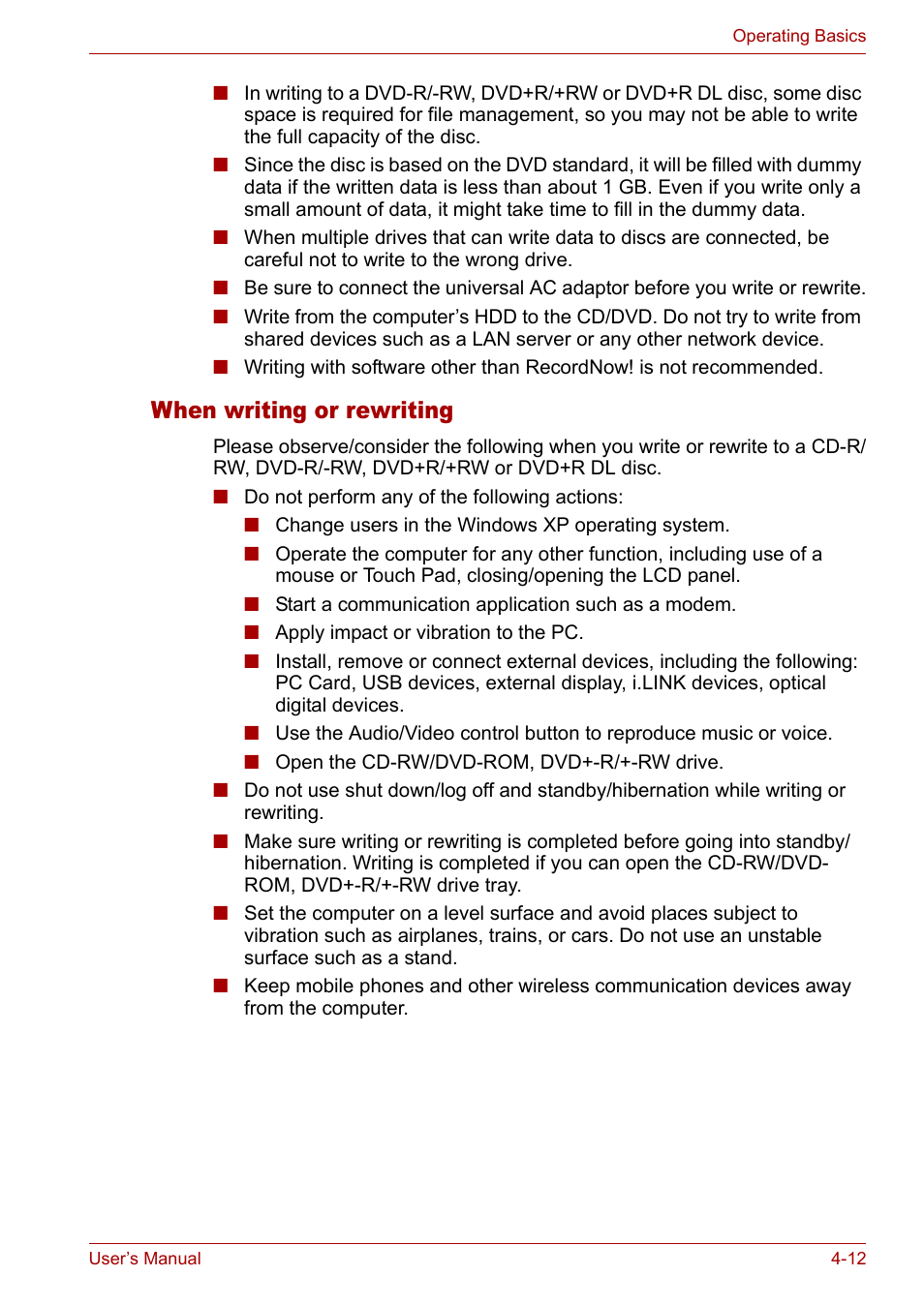 When writing or rewriting, When writing or rewriting -12 | Toshiba Satellite M40 (PSM40) User Manual | Page 85 / 201
