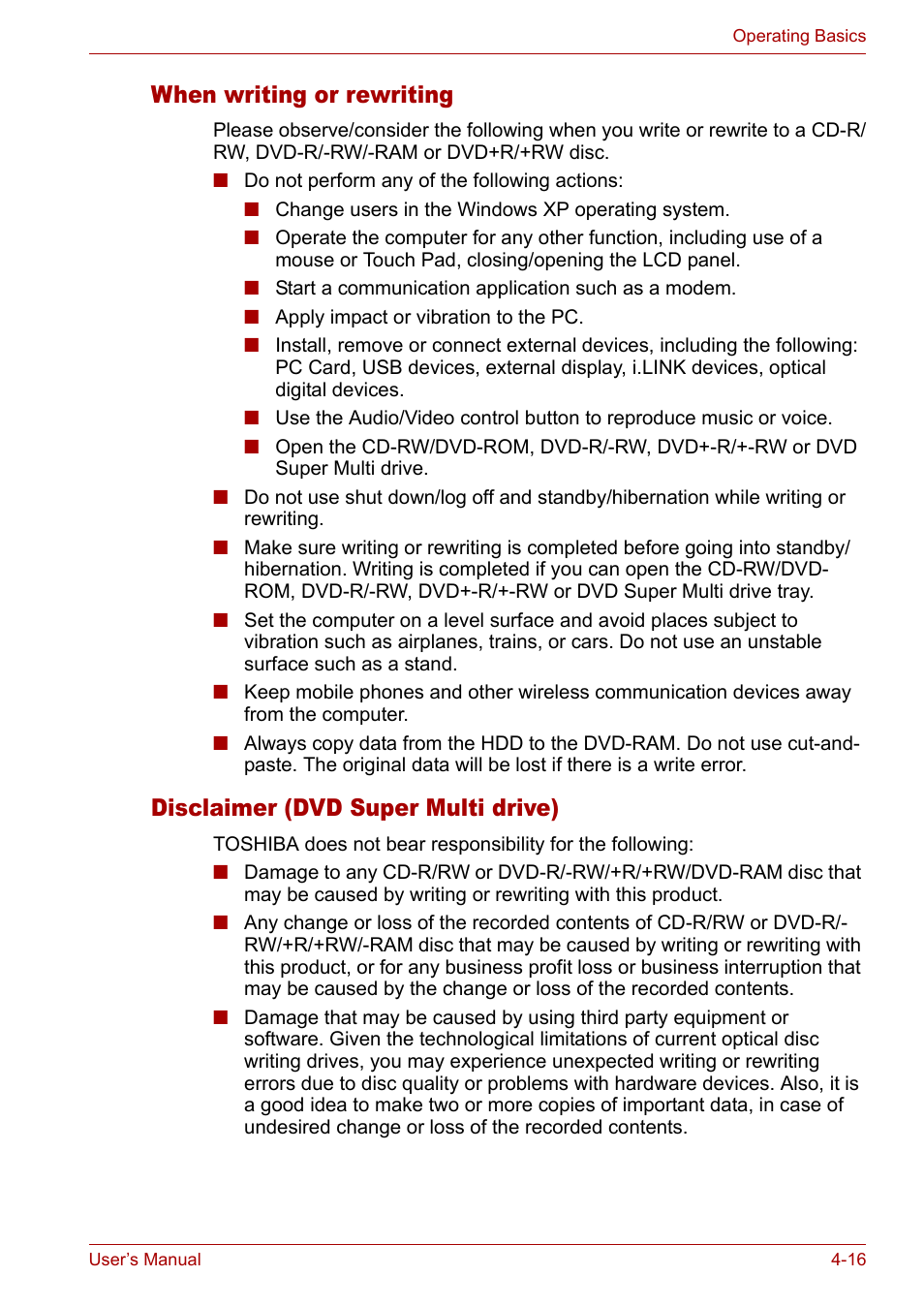 When writing or rewriting, Disclaimer (dvd super multi drive) | Toshiba Satellite M40 (PSM40) User Manual | Page 89 / 201