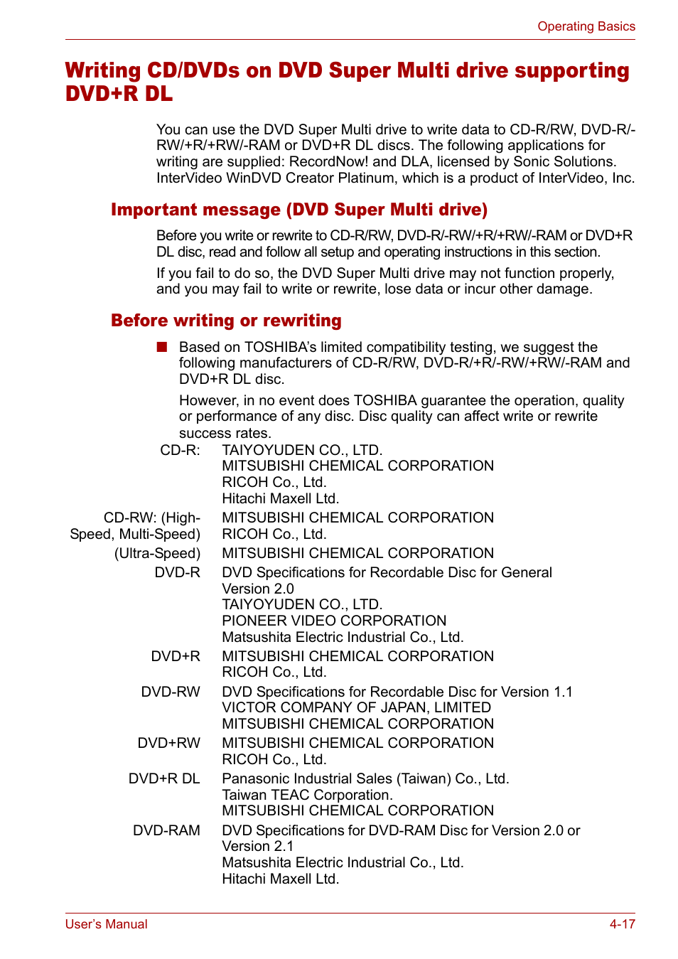 Important message (dvd super multi drive), Before writing or rewriting | Toshiba Satellite M40 (PSM40) User Manual | Page 90 / 201