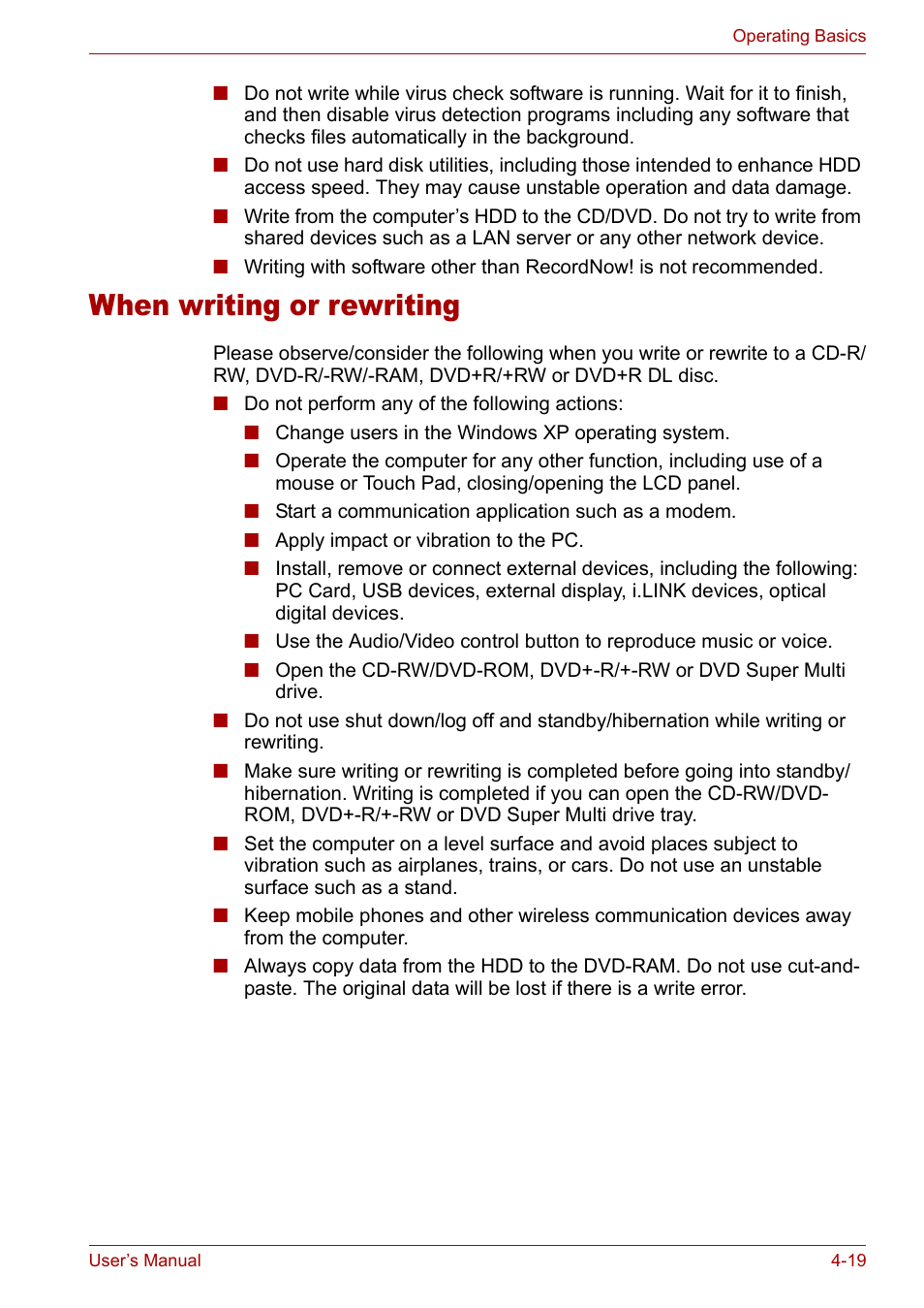 When writing or rewriting, When writing or rewriting -19 | Toshiba Satellite M40 (PSM40) User Manual | Page 92 / 201