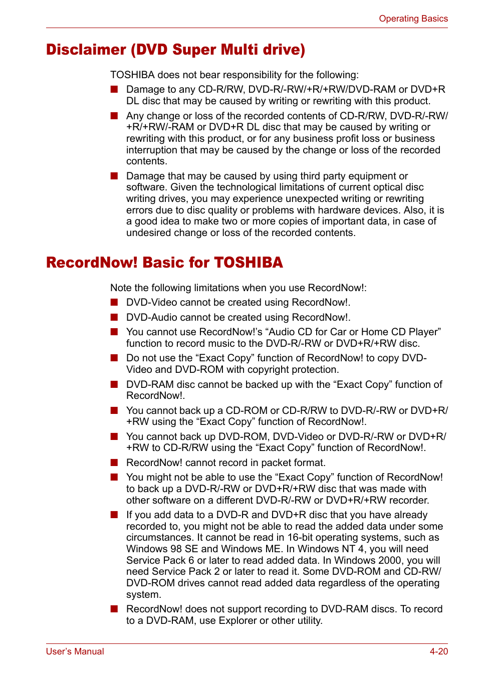 Recordnow! basic for toshiba, Disclaimer (dvd super multi drive) | Toshiba Satellite M40 (PSM40) User Manual | Page 93 / 201