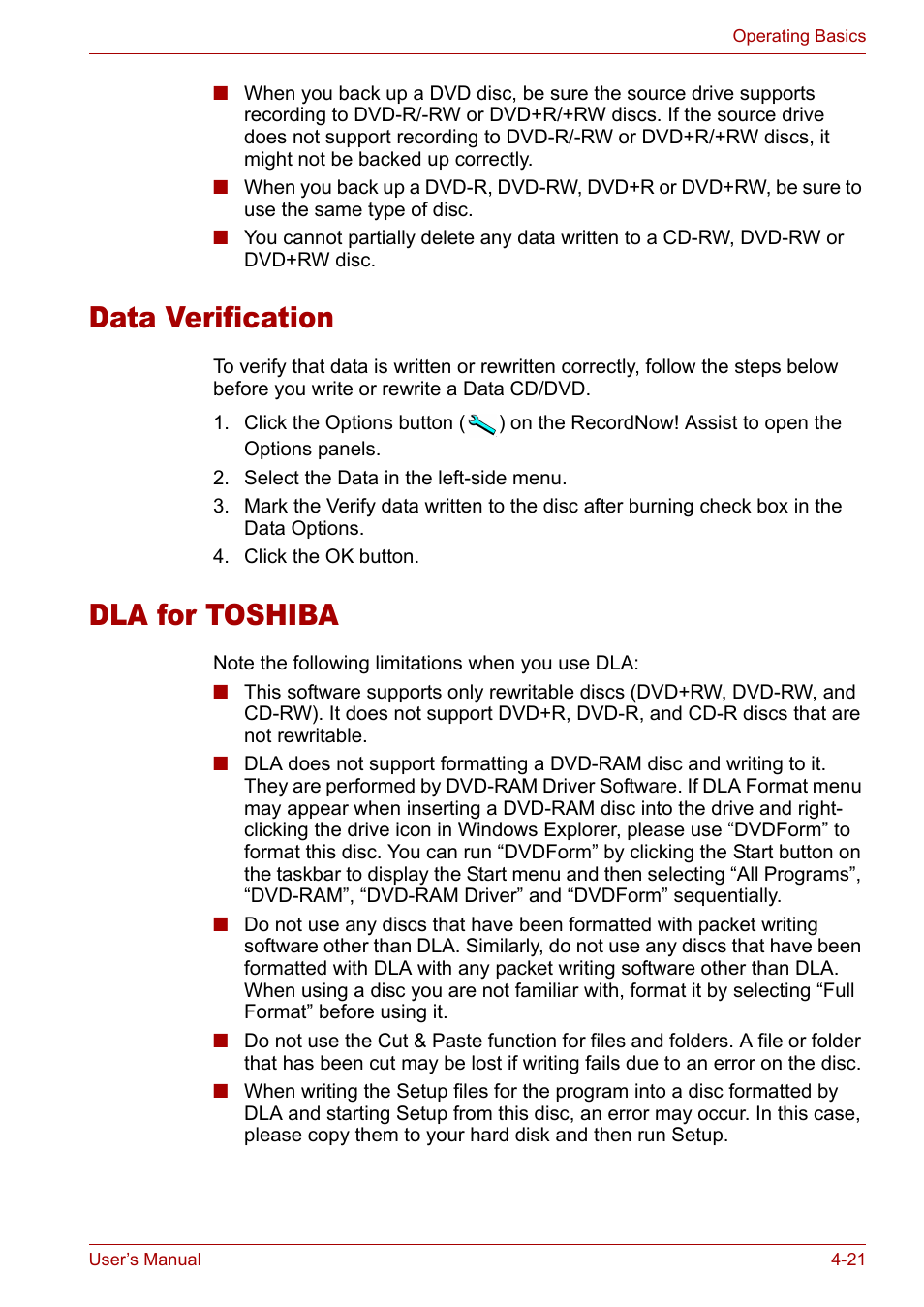 Dla for toshiba, Data verification, Data verification -21 dla for toshiba -21 | Toshiba Satellite M40 (PSM40) User Manual | Page 94 / 201