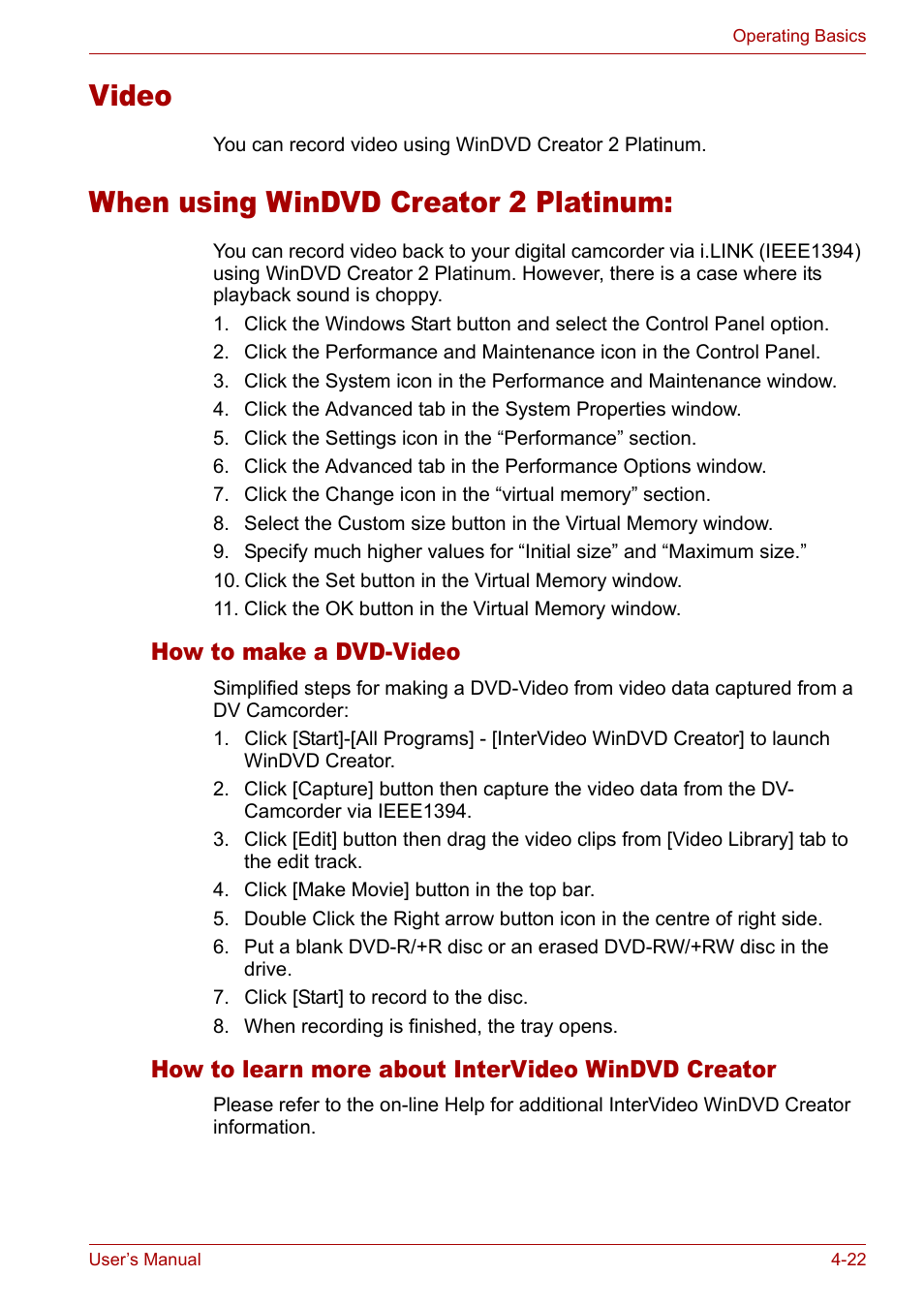 When using windvd creator 2 platinum, How to make a dvd-video, How to learn more about intervideo windvd creator | Video | Toshiba Satellite M40 (PSM40) User Manual | Page 95 / 201