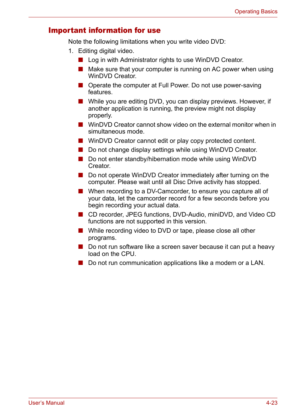 Important information for use, Important information for use -23 | Toshiba Satellite M40 (PSM40) User Manual | Page 96 / 201