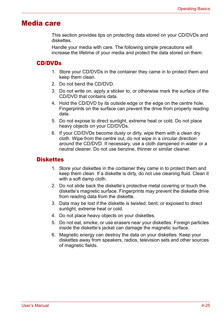 Media care, Cd/dvds, Diskettes | Media care -25, Cd/dvds -25 diskettes -25 | Toshiba Satellite M40 (PSM40) User Manual | Page 98 / 201