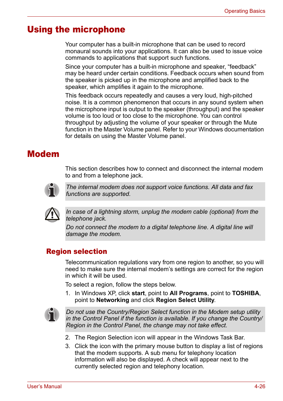 Modem, Region selection, Using the microphone | Using the microphone -26, Modem -26, Region selection -26 | Toshiba Satellite M40 (PSM40) User Manual | Page 99 / 201