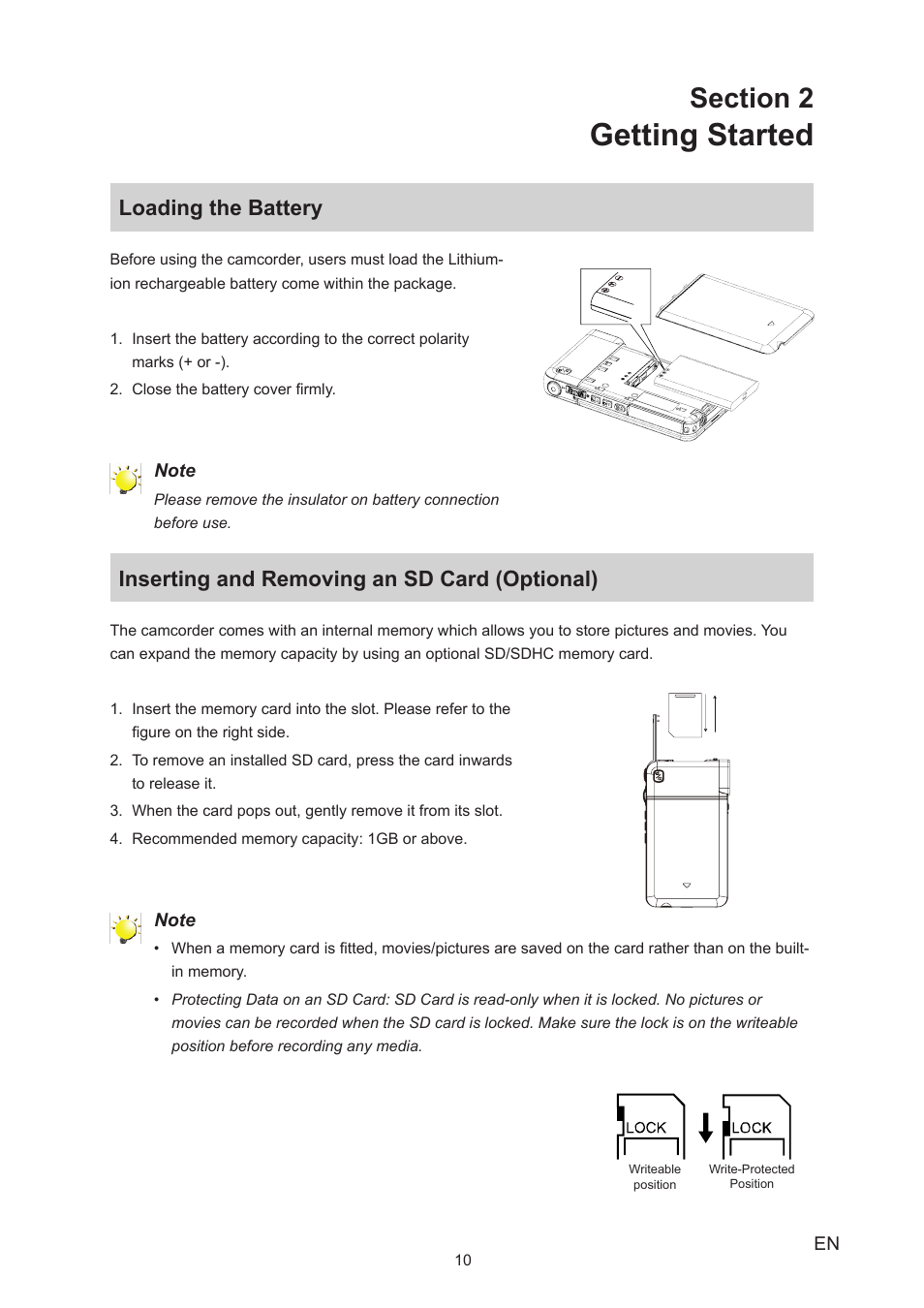 Section 2 getting started, Loading the battery, Inserting and removing an sd card (optional) | Getting started | Toshiba Camileo S20 User Manual | Page 10 / 49
