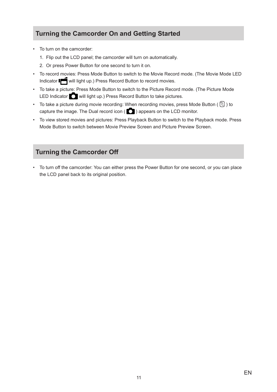 Turning the camcorder on and getting started, Turning the camcorder off | Toshiba Camileo S20 User Manual | Page 11 / 49