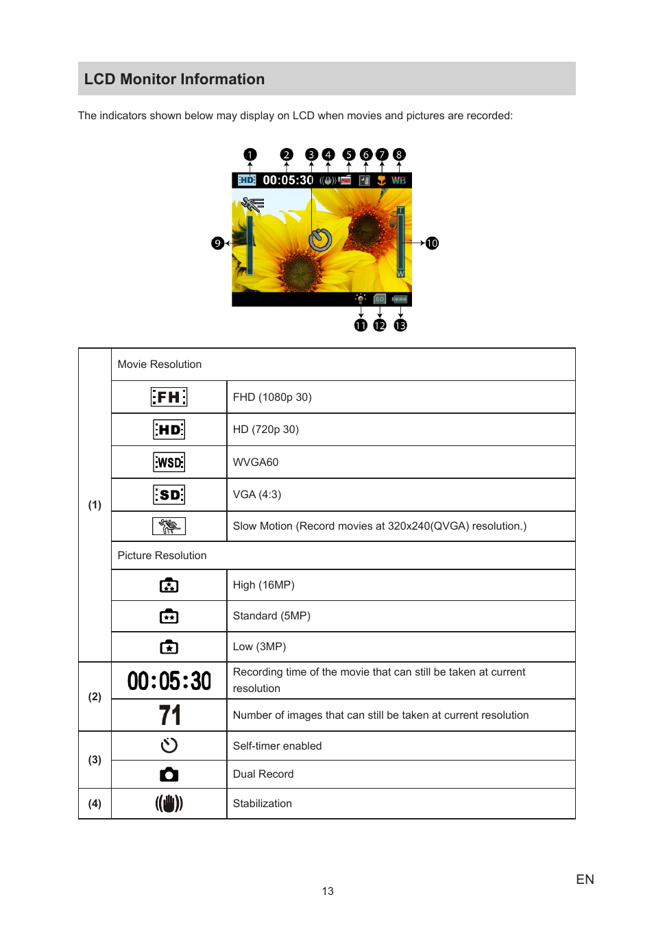 Lcd monitor information | Toshiba Camileo S20 User Manual | Page 13 / 49