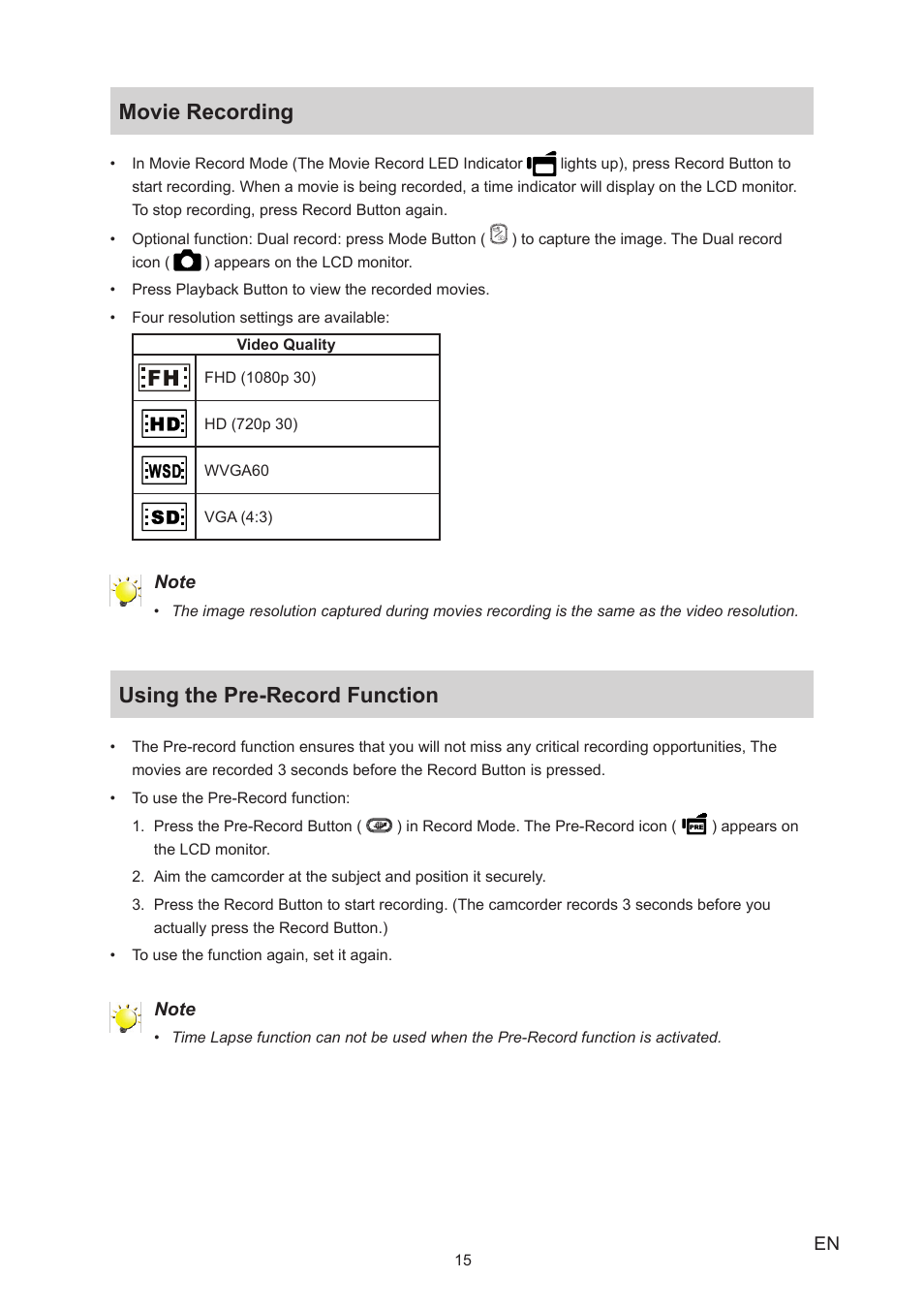 Movie recording, Using the pre-record function, Movie recording using the pre-record function | Toshiba Camileo S20 User Manual | Page 15 / 49