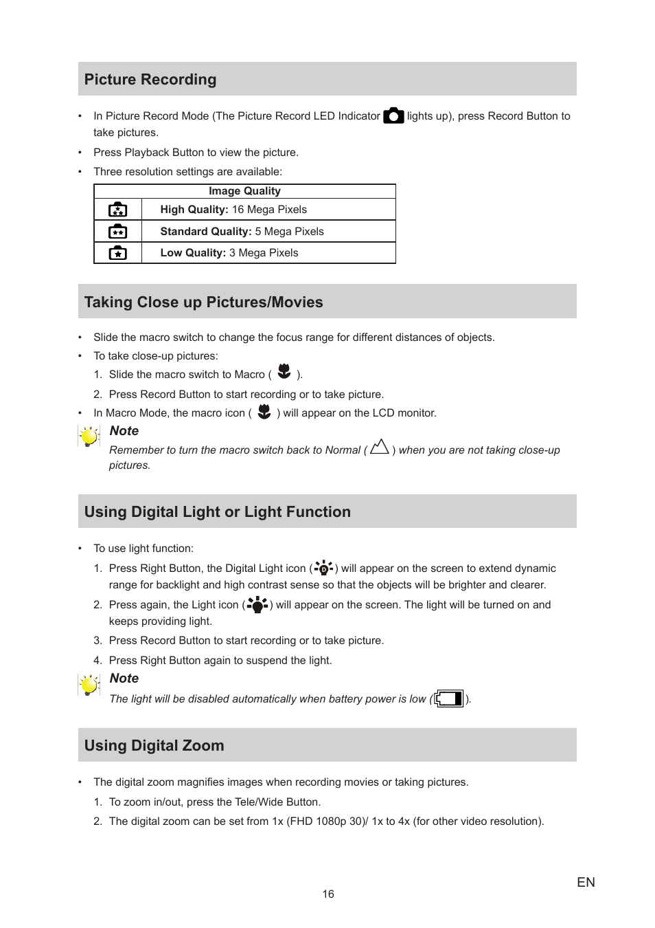 Picture recording, Taking close up pictures/movies, Using digital light or light function | Using digital zoom | Toshiba Camileo S20 User Manual | Page 16 / 49