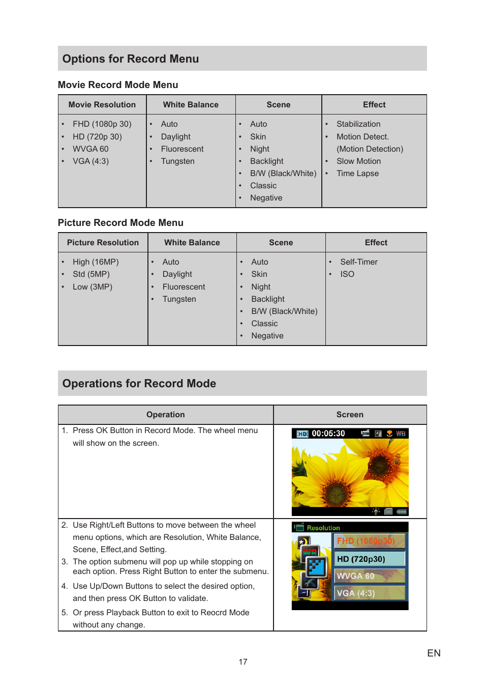 Options for record menu, Operations for record mode, Options for record menu operations for record mode | Toshiba Camileo S20 User Manual | Page 17 / 49