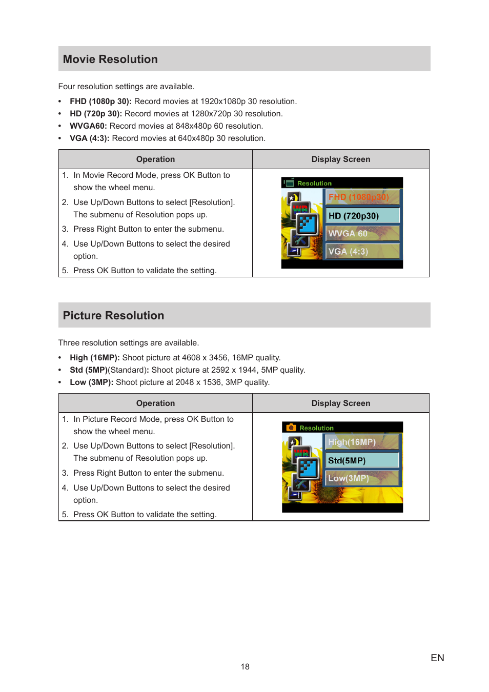 Movie resolution, Picture resolution, Movie resolution picture resolution | Toshiba Camileo S20 User Manual | Page 18 / 49