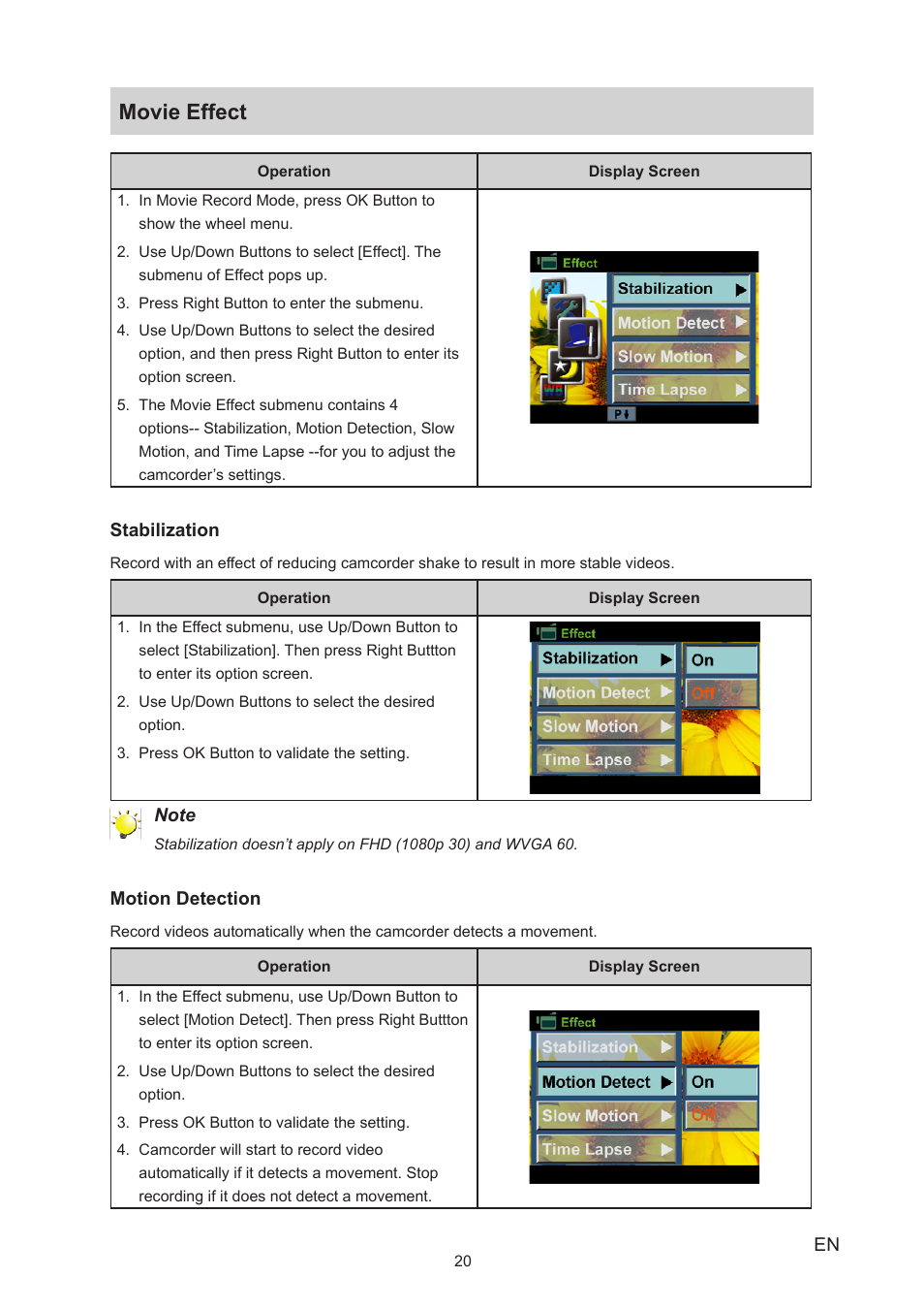 Movie effect | Toshiba Camileo S20 User Manual | Page 20 / 49