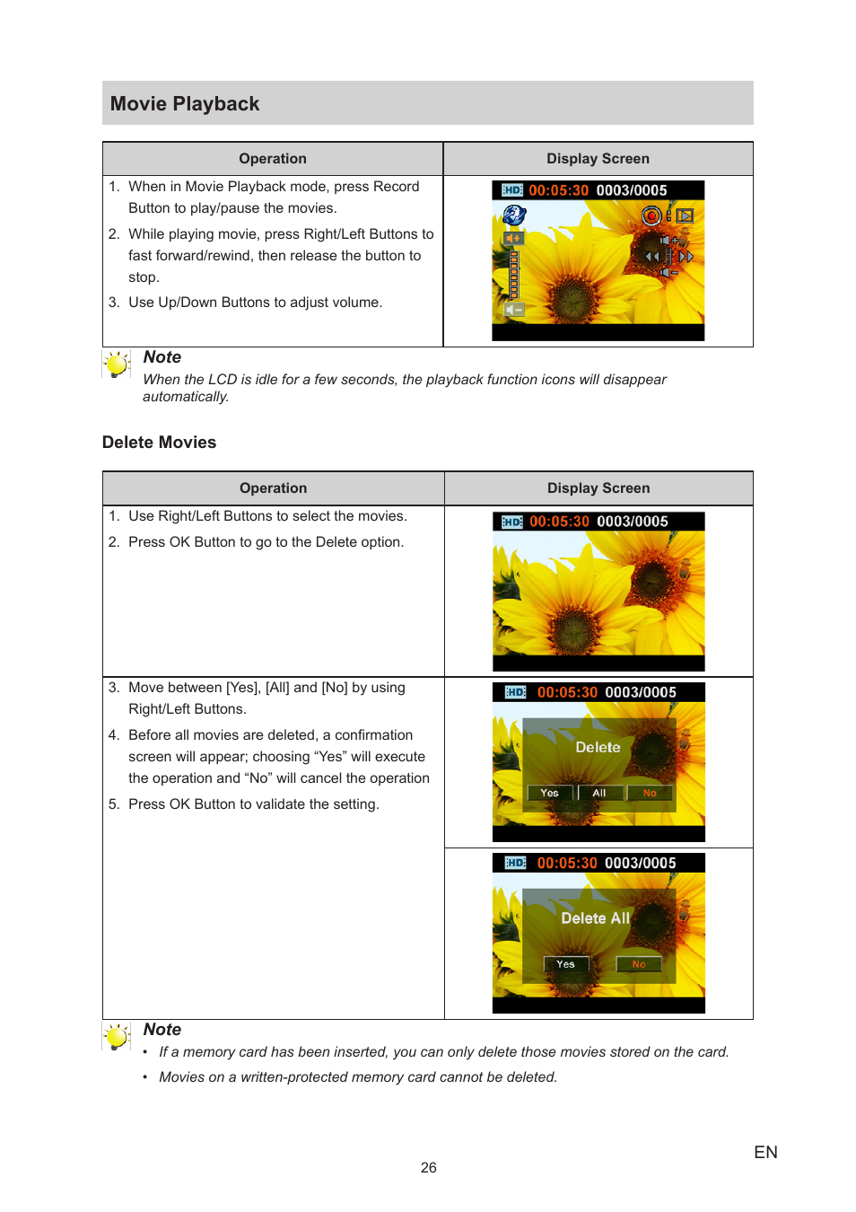 Movie playback | Toshiba Camileo S20 User Manual | Page 26 / 49