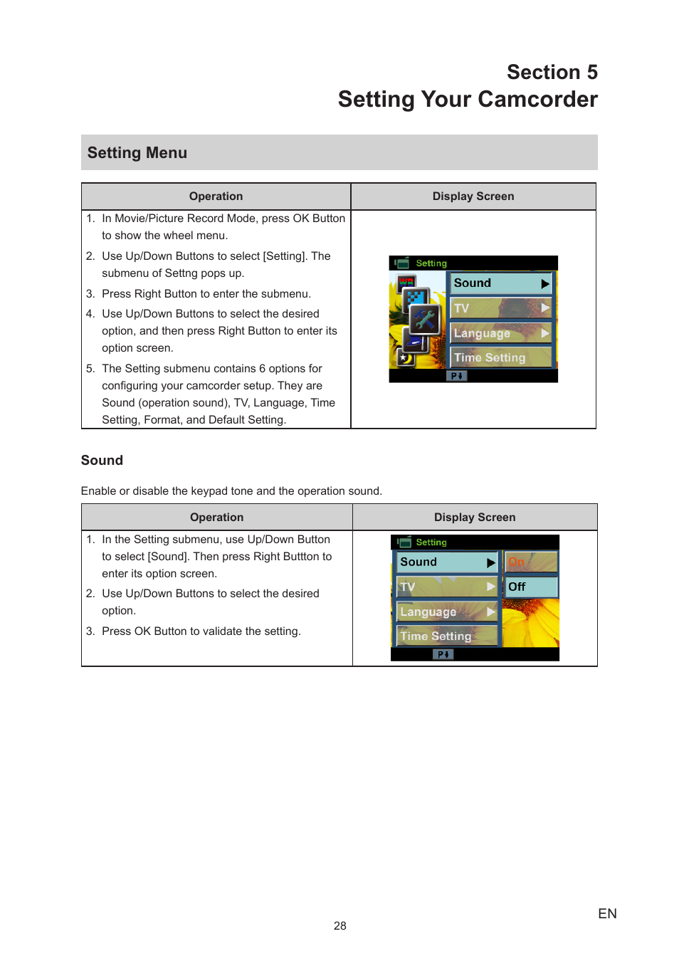 Section 5 setting your camcorder, Setting menu, Setting your camcorder | Toshiba Camileo S20 User Manual | Page 28 / 49