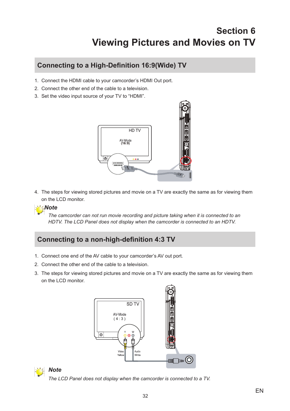 Section 6 viewing pictures and movies on tv, Connecting to a high-definition 16:9(wide) tv, Connecting to a non-high-definition 4:3 tv | Viewing pictures and movies on tv | Toshiba Camileo S20 User Manual | Page 32 / 49