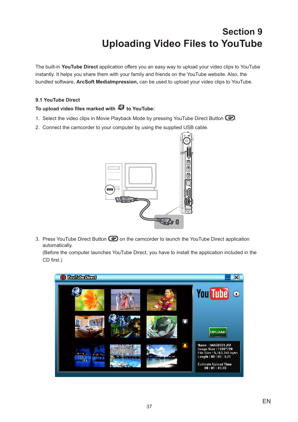 Section 9 uploading video files to youtube, Uploading video files to youtube | Toshiba Camileo S20 User Manual | Page 37 / 49