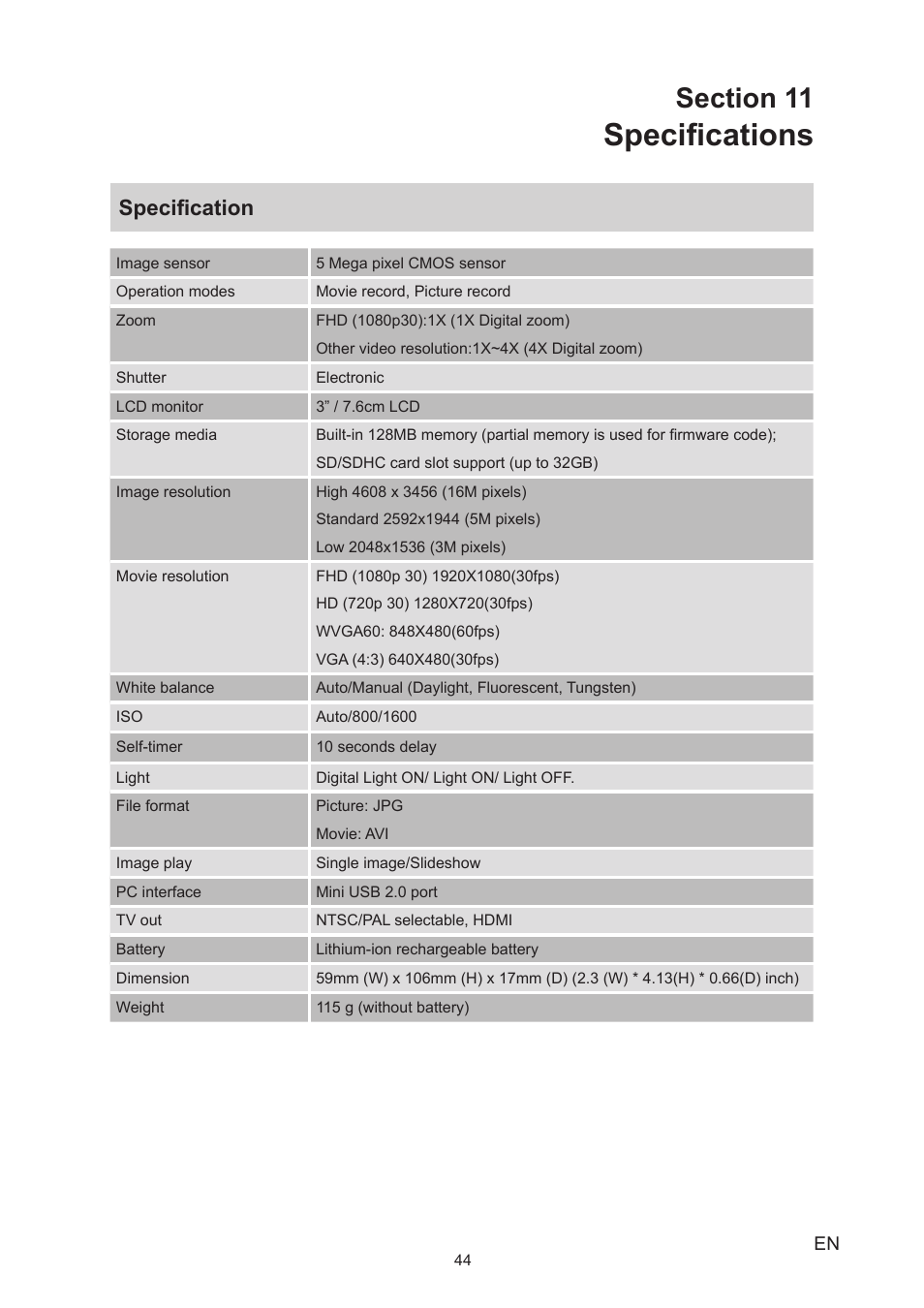 Section 11 specifications, Specifications, Specification | Toshiba Camileo S20 User Manual | Page 44 / 49