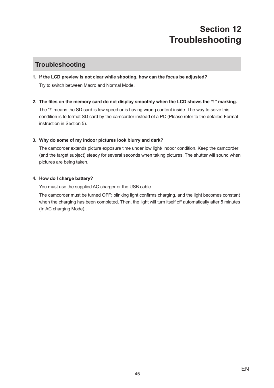 Section 12 troubleshooting, Troubleshooting | Toshiba Camileo S20 User Manual | Page 45 / 49