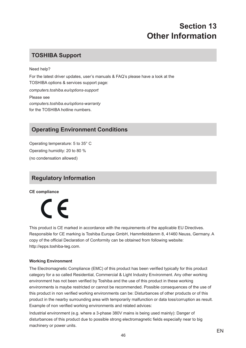 Section 13 other information, Toshiba support, Operating environment conditions | Regulatory information, Other information | Toshiba Camileo S20 User Manual | Page 46 / 49