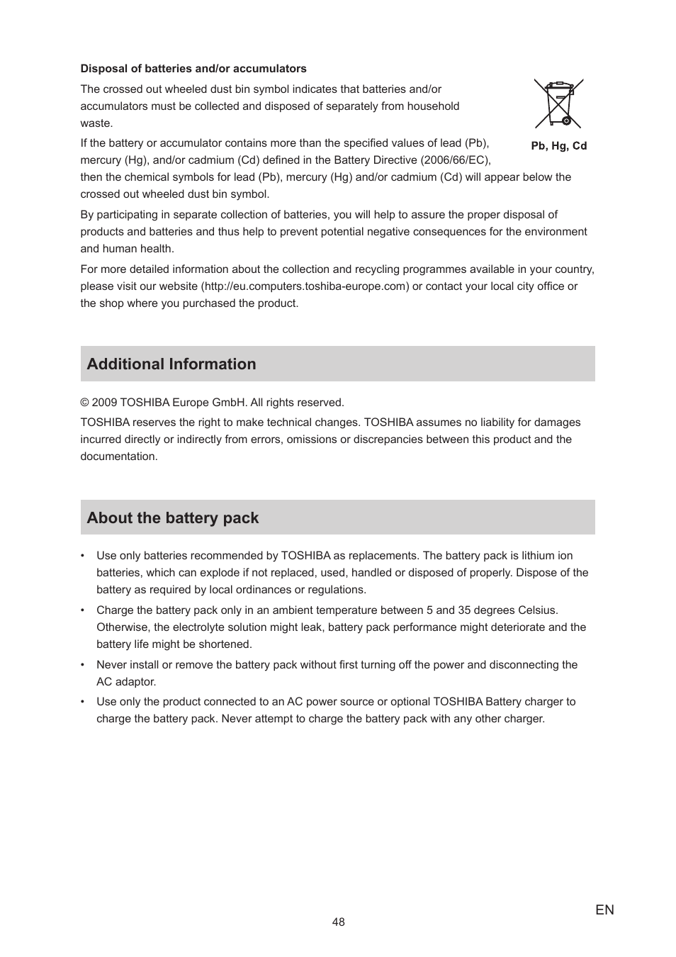 Additional information, About the battery pack | Toshiba Camileo S20 User Manual | Page 48 / 49