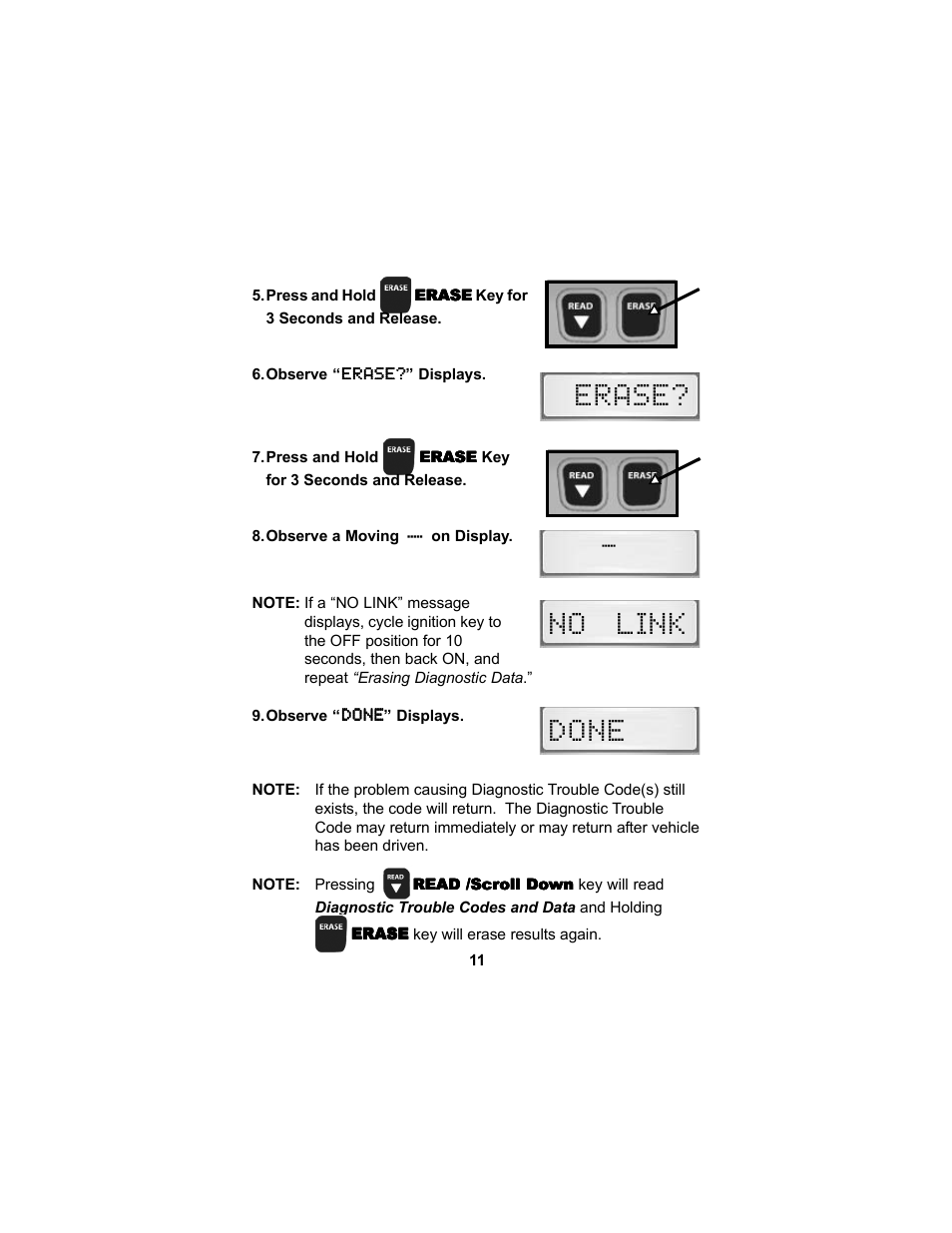 Erase, Done no link | Actron CP9125 User Manual | Page 11 / 46