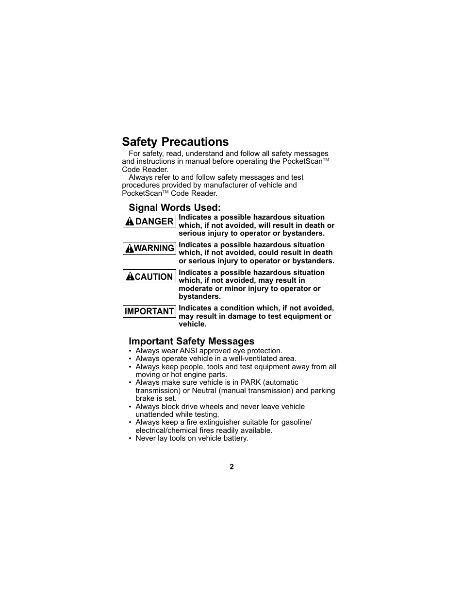 Safety precautions, Signal words used, Important safety messages | Actron CP9125 User Manual | Page 2 / 46