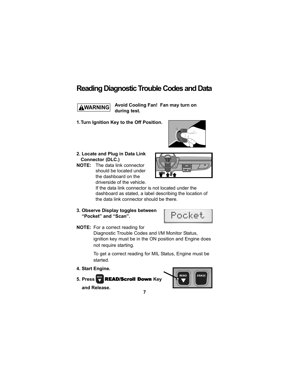 Pocket, Reading diagnostic trouble codes and data | Actron CP9125 User Manual | Page 7 / 46