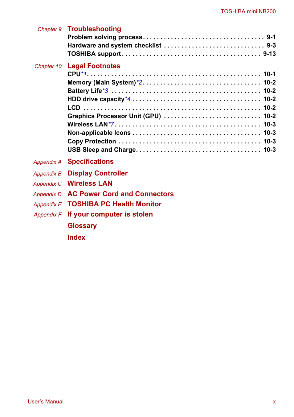 Toshiba NB200 User Manual | Page 10 / 144