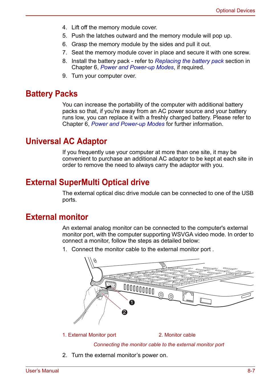 Battery packs, Universal ac adaptor, External supermulti optical drive | External monitor | Toshiba NB200 User Manual | Page 100 / 144