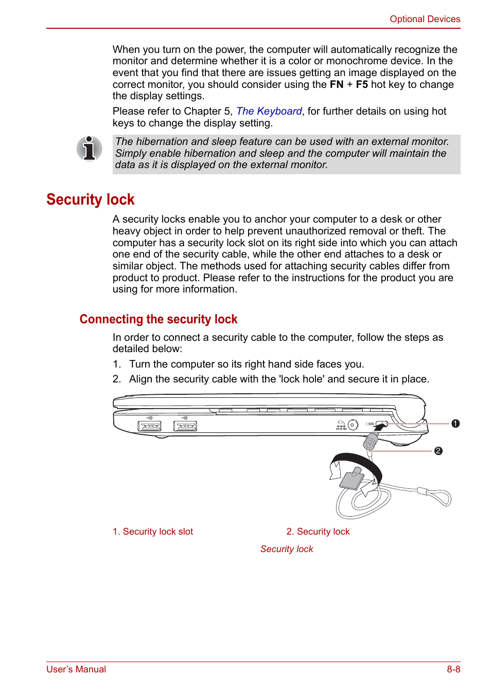 Security lock, Security lock -8, Connecting the security lock | Toshiba NB200 User Manual | Page 101 / 144