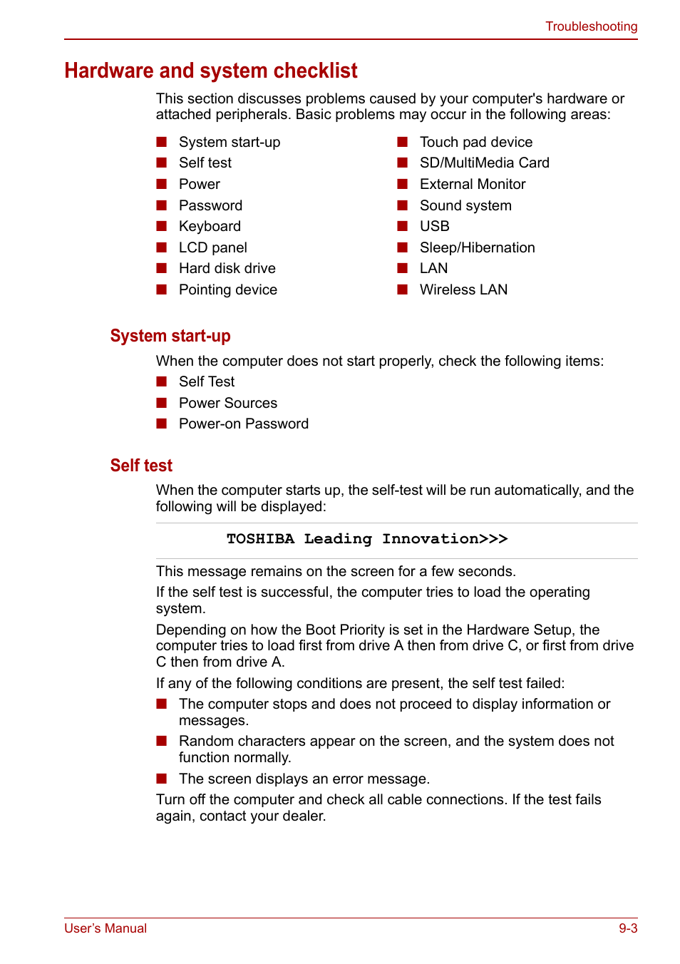 Hardware and system checklist, Hardware and system checklist -3, System start-up | Self test | Toshiba NB200 User Manual | Page 104 / 144