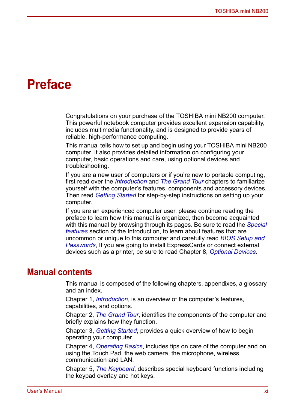 Preface, Manual contents | Toshiba NB200 User Manual | Page 11 / 144