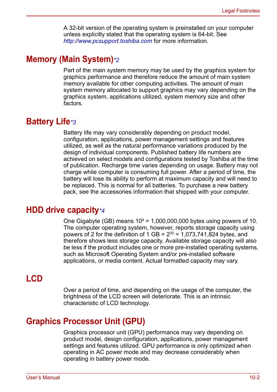 Memory (main system)*2, Battery life*3, Hdd drive capacity*4 | Graphics processor unit (gpu), Memory (main system), Battery life, Hdd drive capacity, Lcd -2 graphics processor unit (gpu) -2, Ireless lan), Battery li fe | Toshiba NB200 User Manual | Page 116 / 144