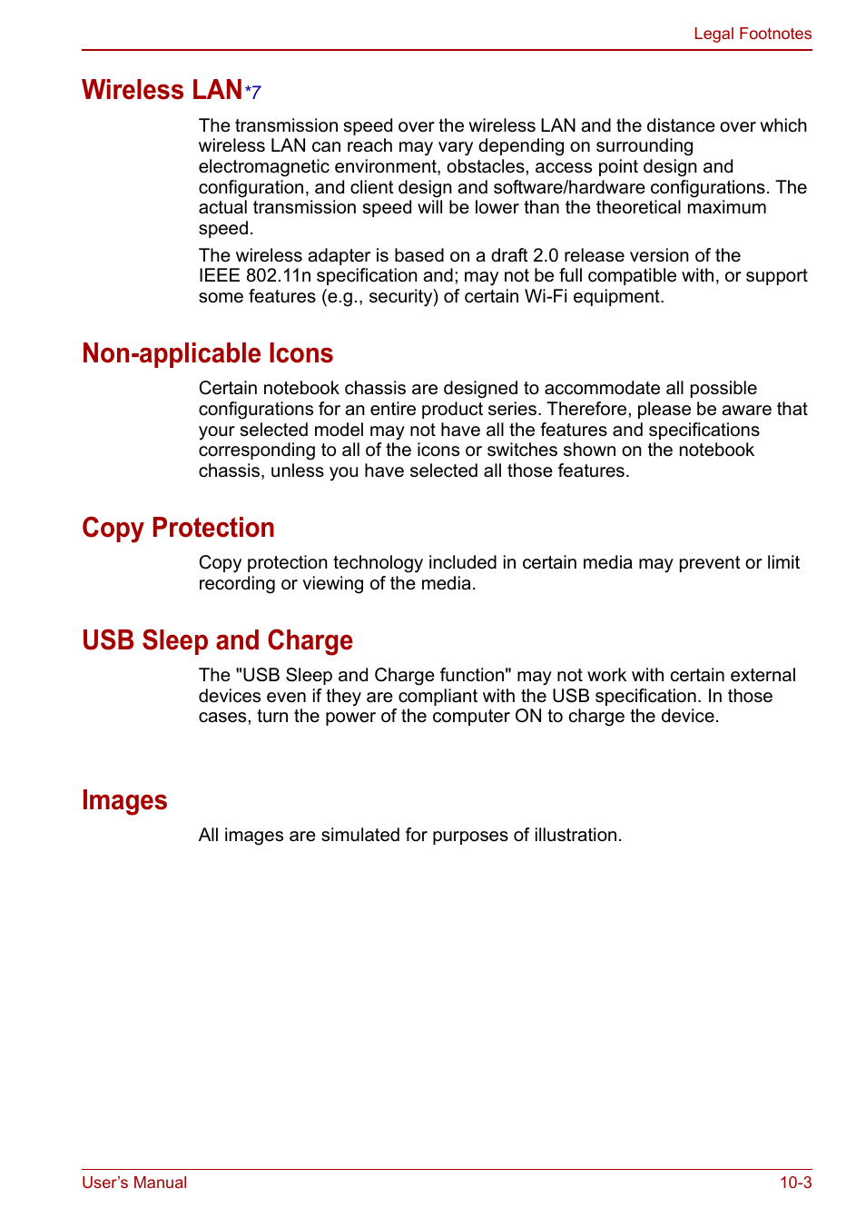 Wireless lan*7, Non-applicable icons, Copy protection | Usb sleep and charge, Wireless lan, Wi reless lan, Images | Toshiba NB200 User Manual | Page 117 / 144