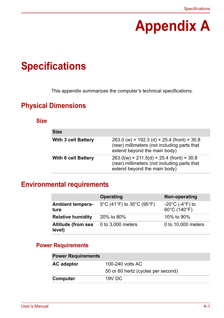 Appendix a: specifications, Appendix a, Specifications | Physical dimensions, Environmental requirements | Toshiba NB200 User Manual | Page 118 / 144