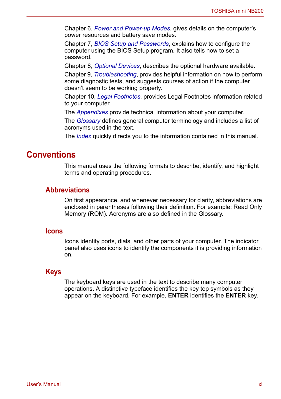 Conventions, Abbreviations, Icons | Keys | Toshiba NB200 User Manual | Page 12 / 144