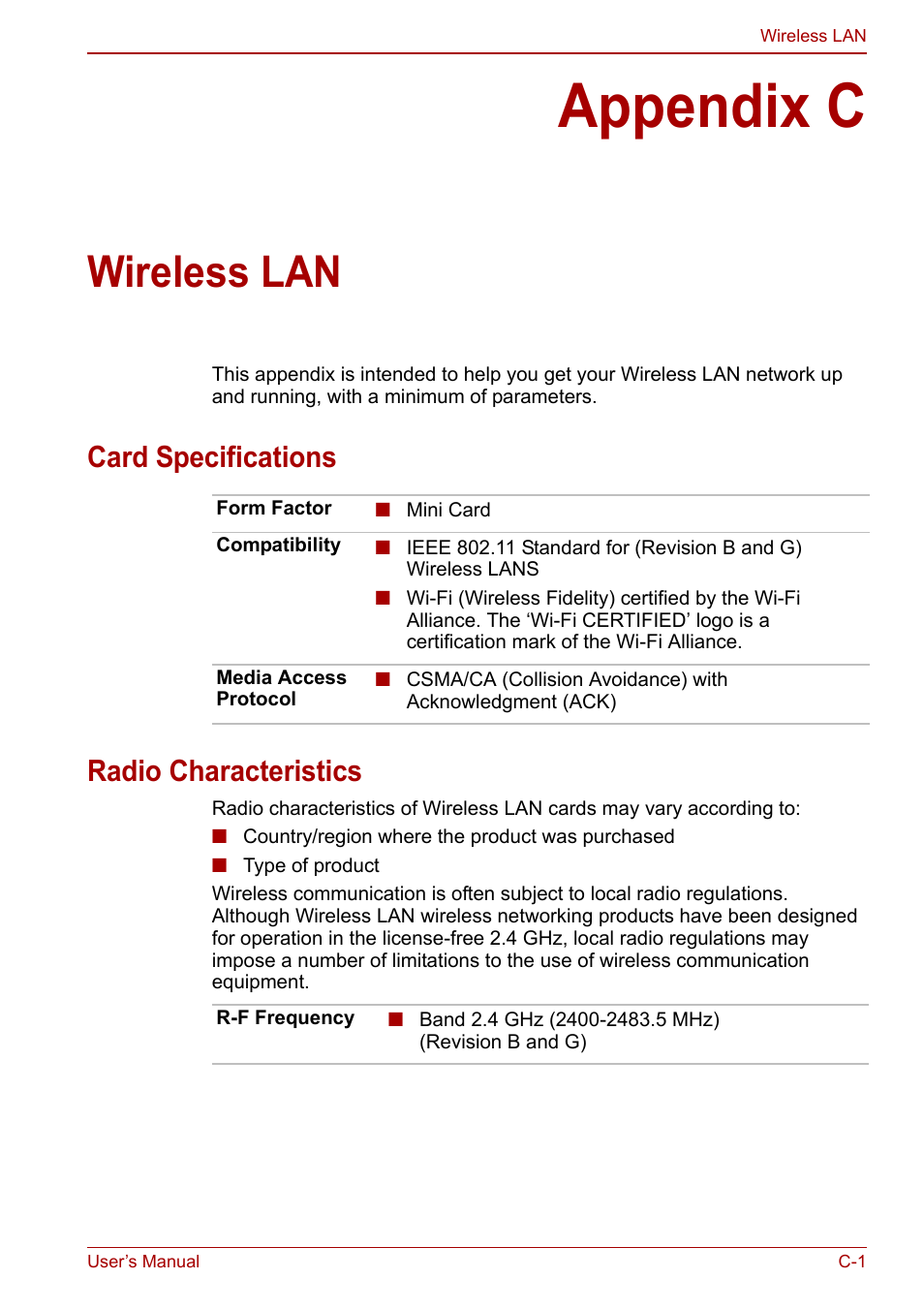 Appendix c: wireless lan, Appendix c, Wireless lan | Card specifications radio characteristics | Toshiba NB200 User Manual | Page 120 / 144