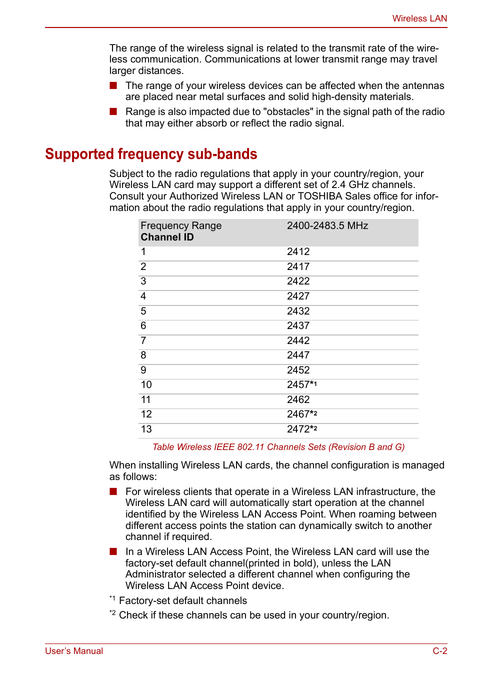 Supported frequency sub-bands | Toshiba NB200 User Manual | Page 121 / 144