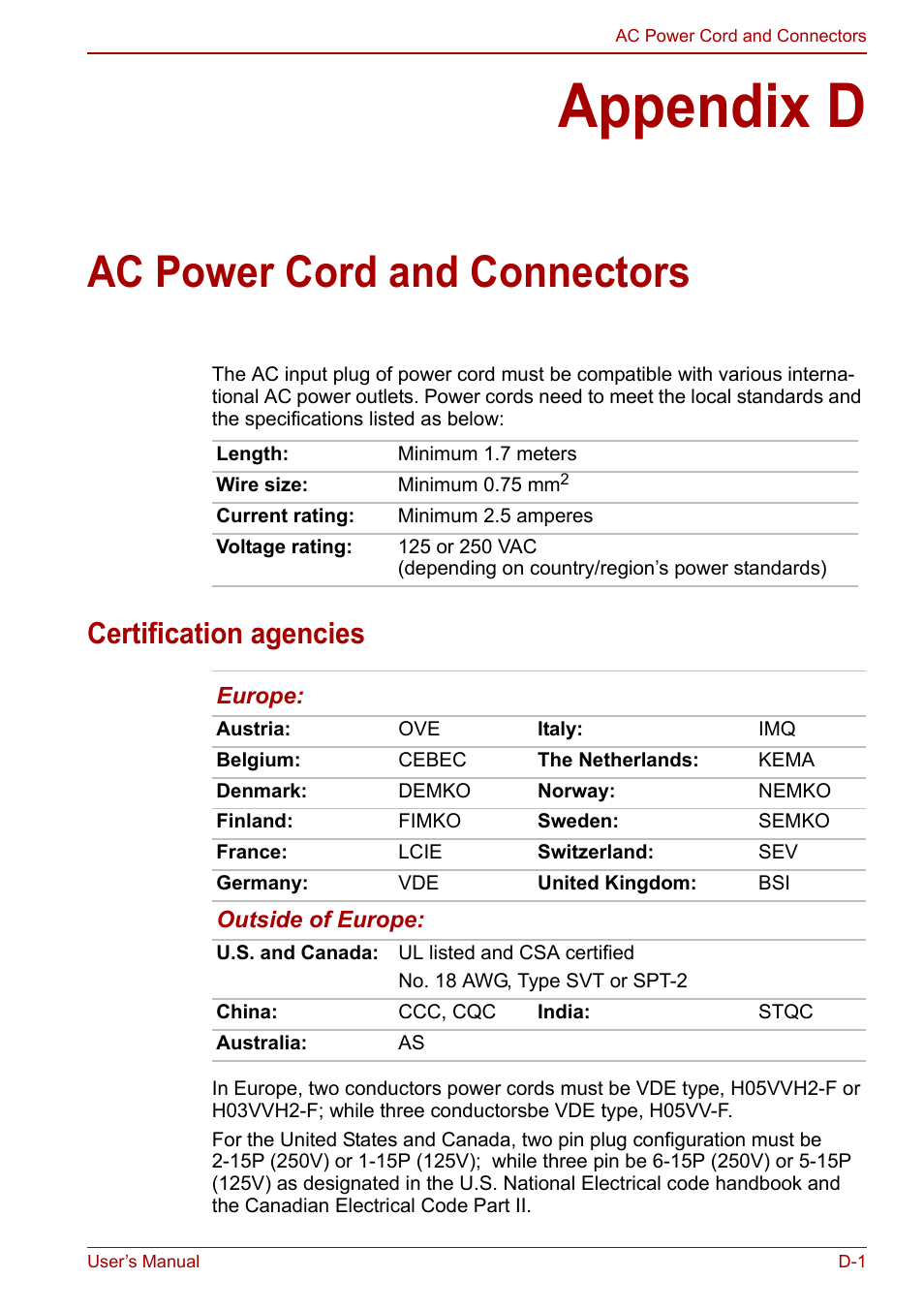 Appendix d: ac power cord and connectors, Appendix d, Ac power cord and connectors | Certification agencies | Toshiba NB200 User Manual | Page 122 / 144