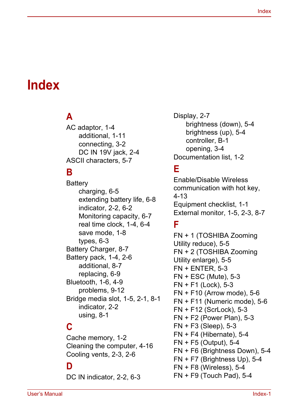 Index, Chapter 10 | Toshiba NB200 User Manual | Page 142 / 144