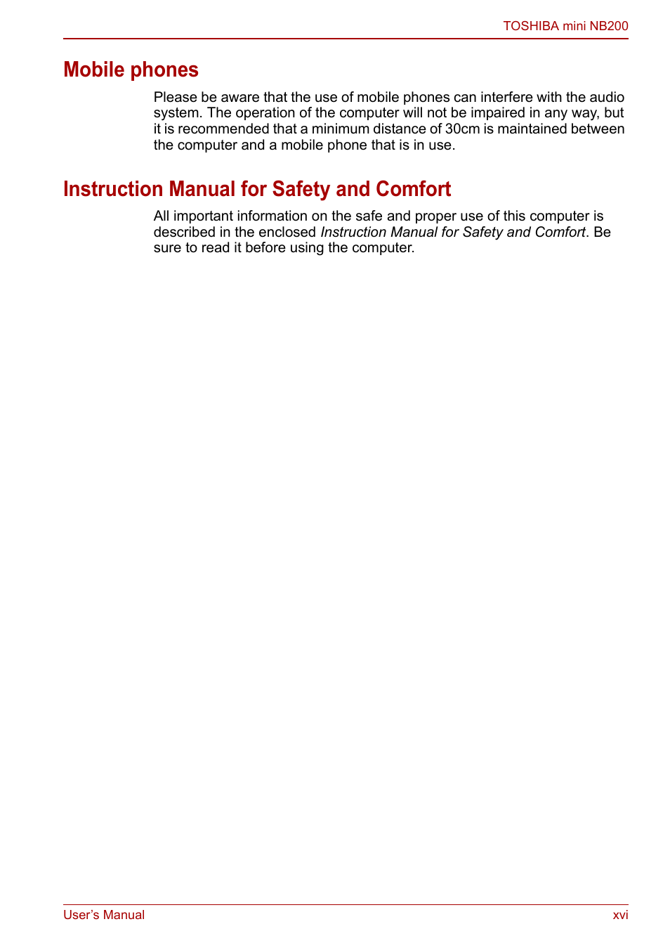 Mobile phones, Instruction manual for safety and comfort | Toshiba NB200 User Manual | Page 16 / 144