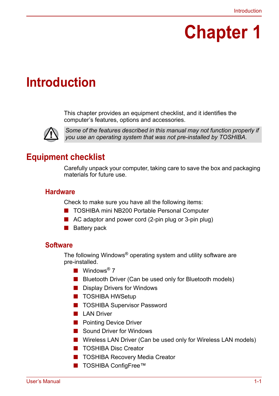 Chapter 1: introduction, Equipment checklist, Chapter 1 | Introduction, Equipment checklist -1, Is an overvie | Toshiba NB200 User Manual | Page 17 / 144