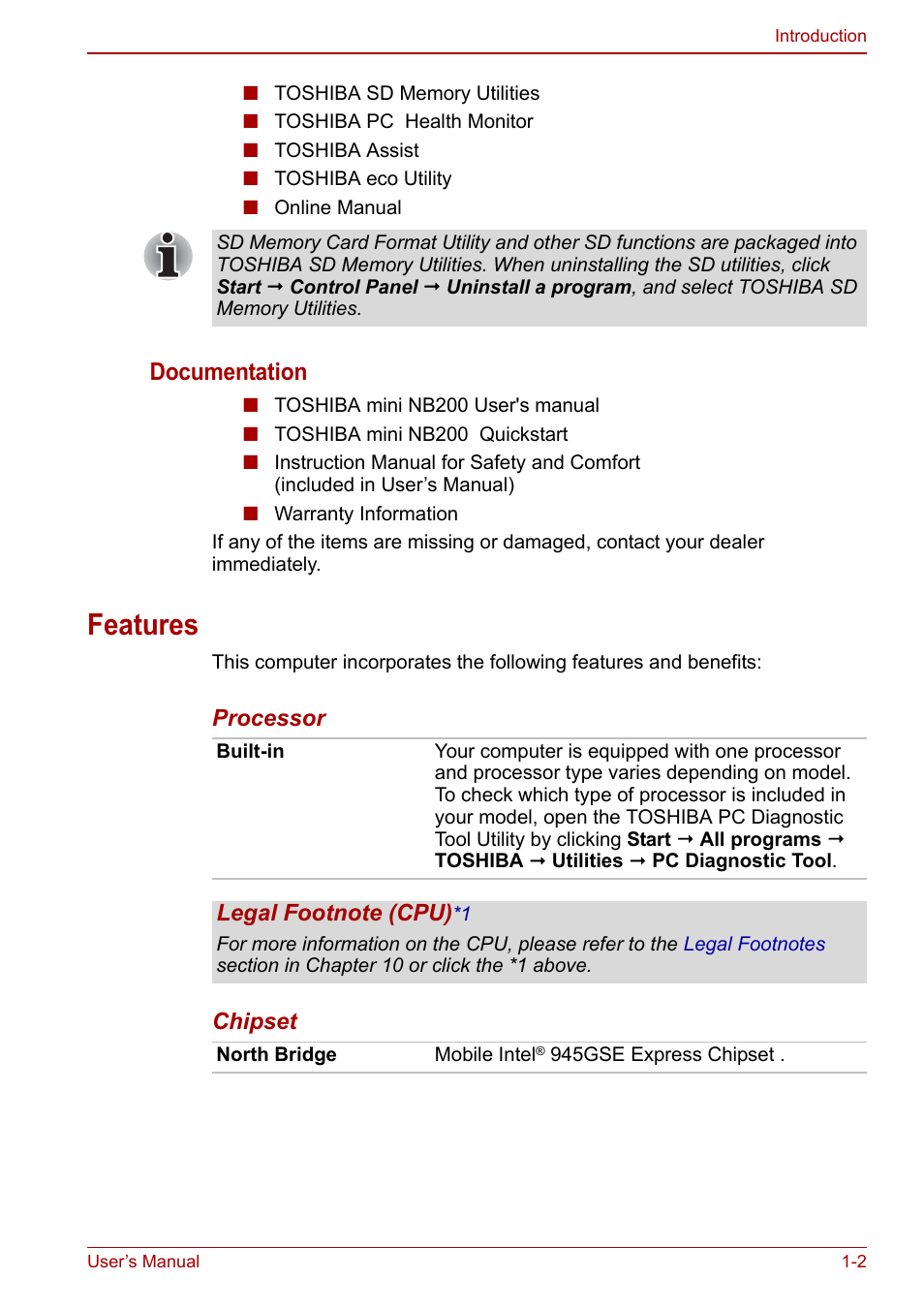 Features, Features -2, Documentation | Toshiba NB200 User Manual | Page 18 / 144