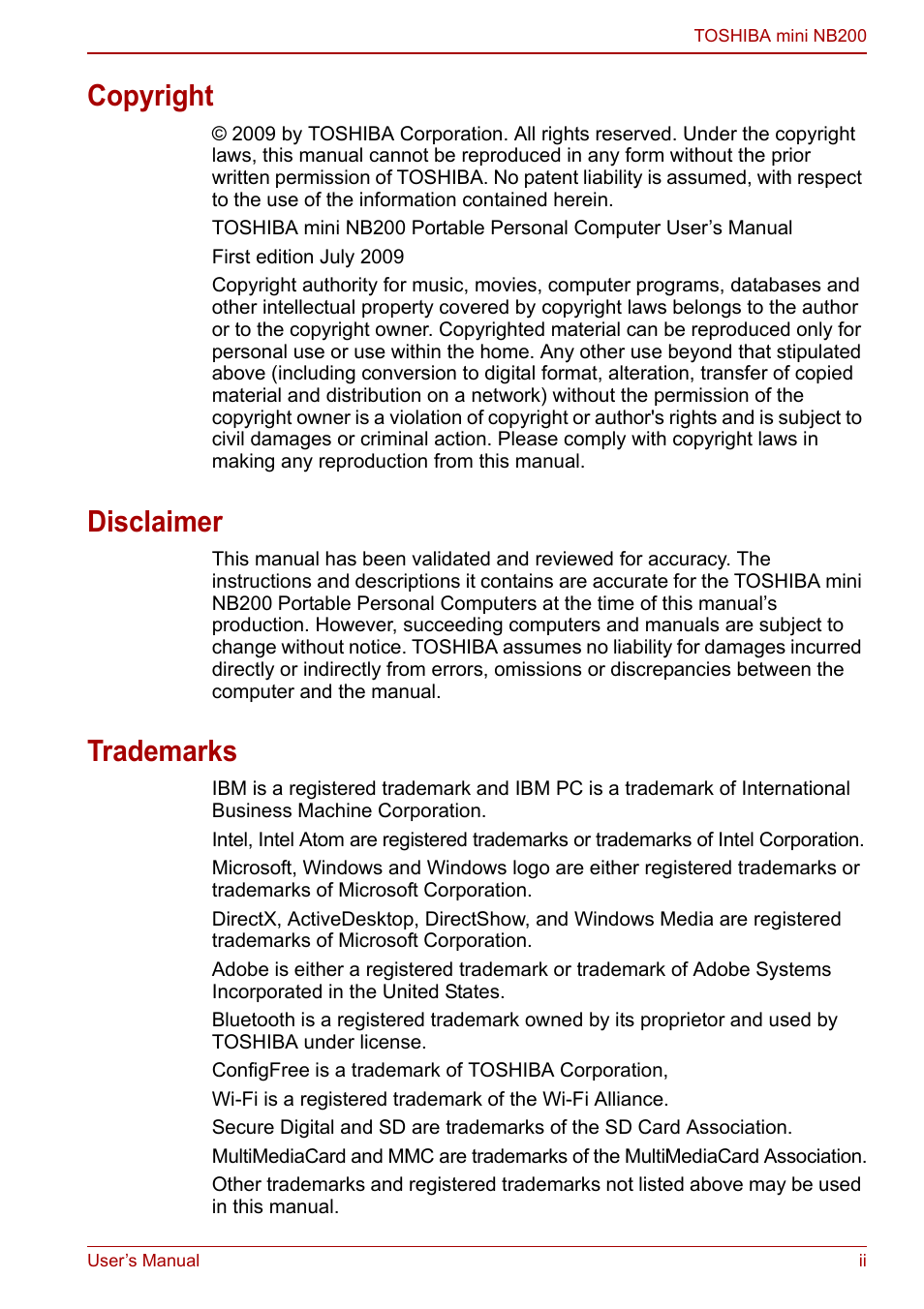 Copyright, Disclaimer, Trademarks | Toshiba NB200 User Manual | Page 2 / 144