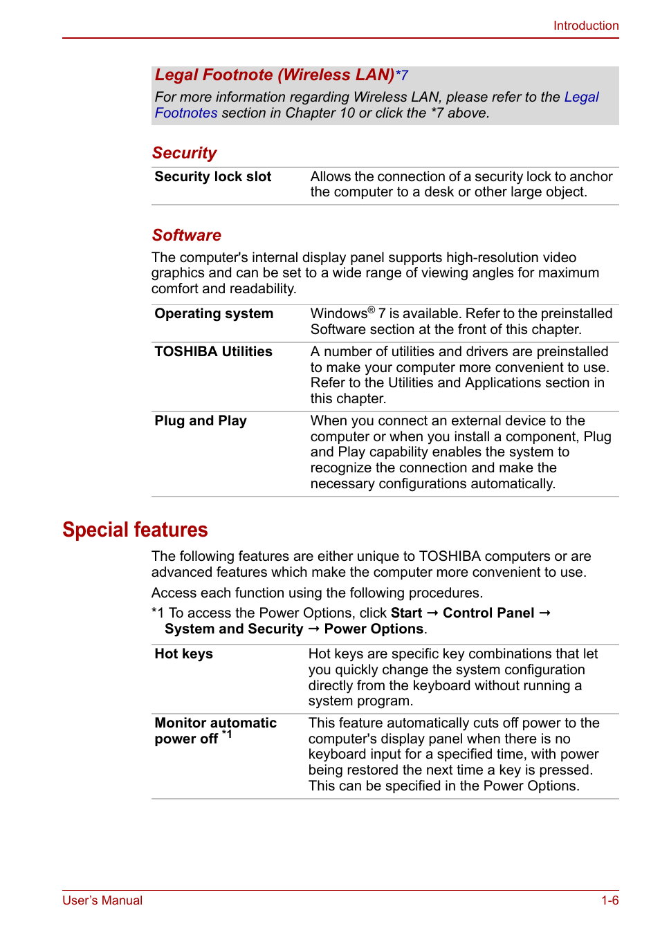 Special features, Special features -6, Special | Features, Section of the | Toshiba NB200 User Manual | Page 22 / 144