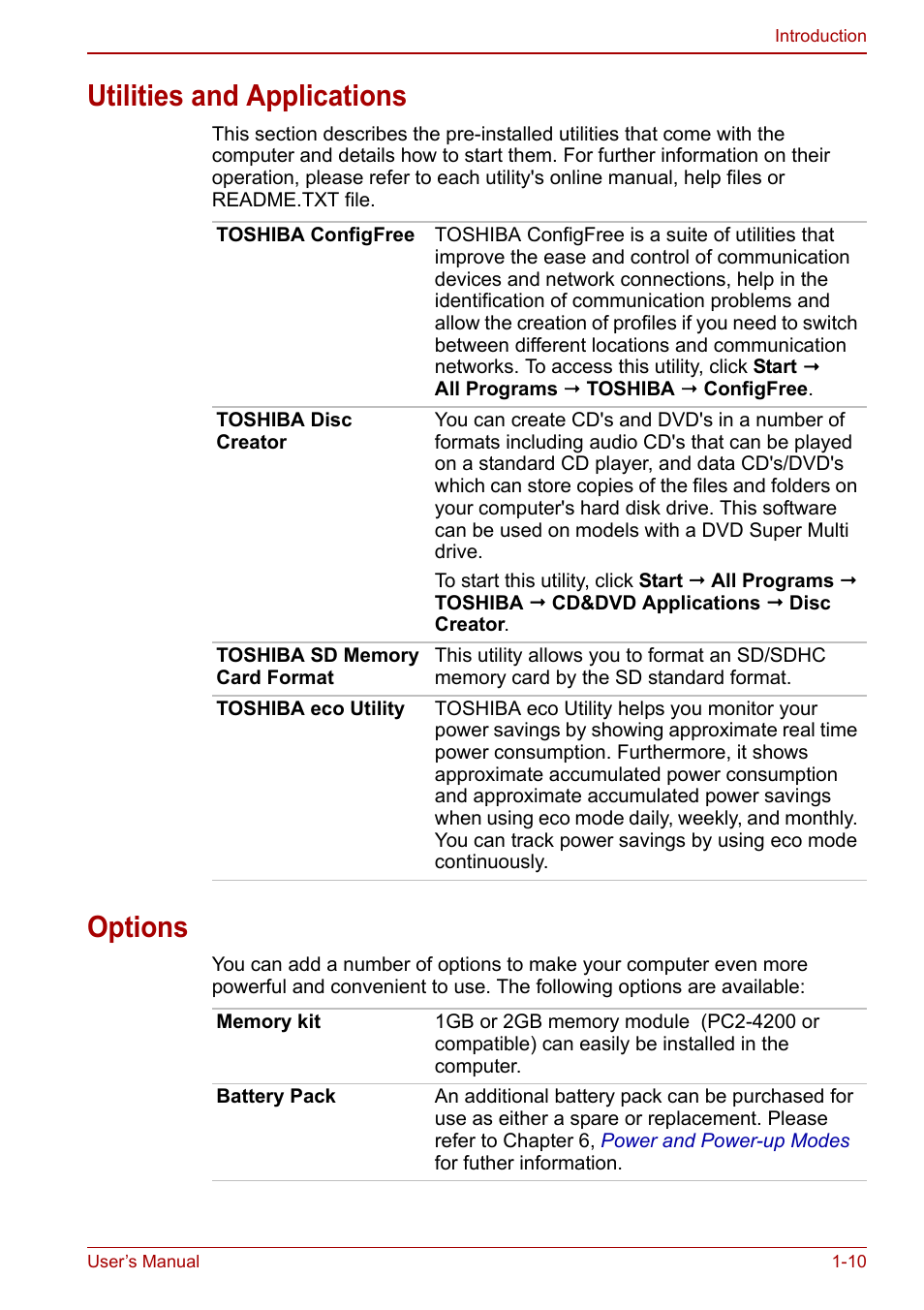 Utilities and applications, Options, Utilities and applications -10 options -10 | Toshiba NB200 User Manual | Page 26 / 144